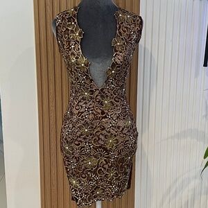 Handmade Boutique Maroon/Brown/Gold/Sparkle Floral Mini Dress